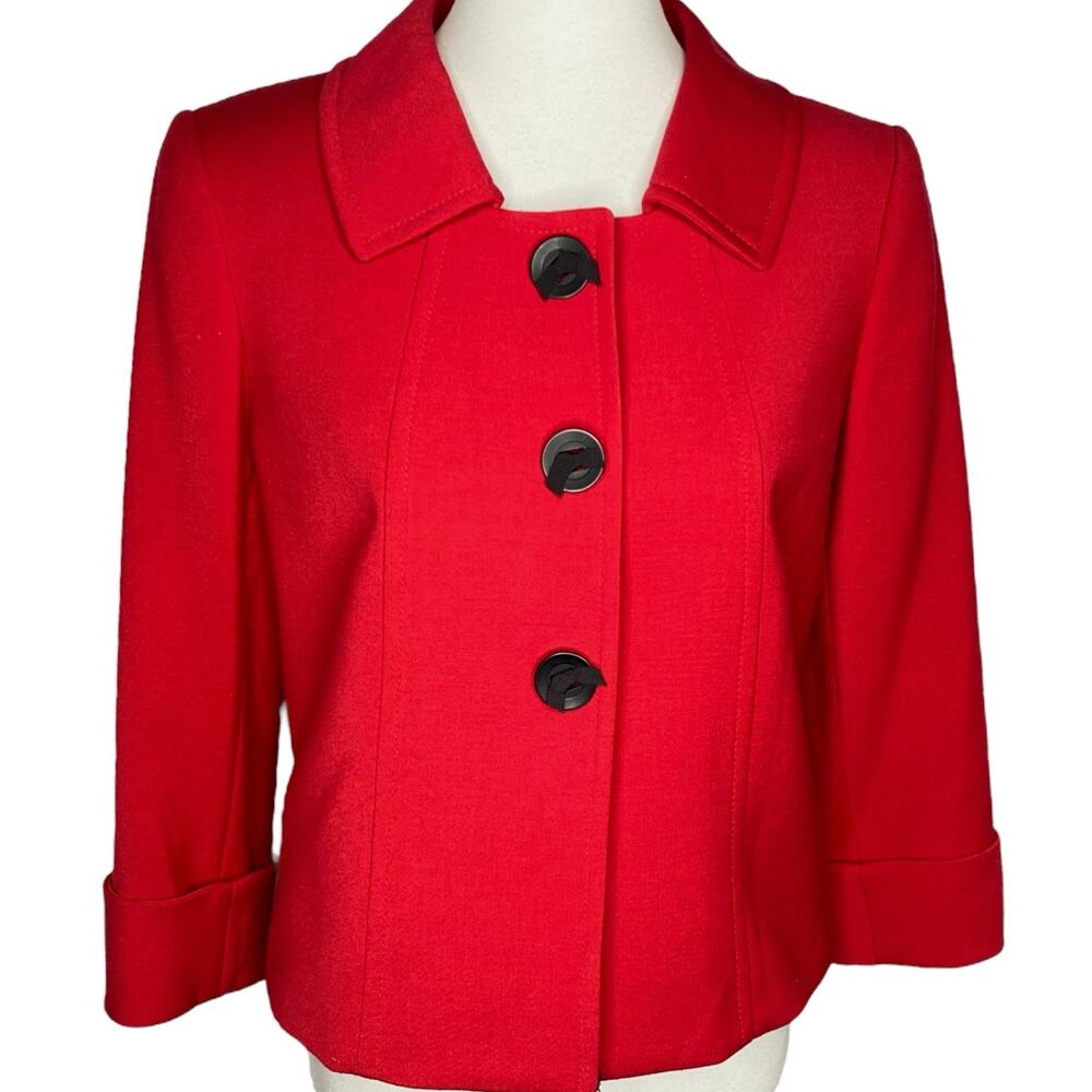 Tahari ASL Cropped Blazer Red Button Snaps Sz 6 Jacket Valentines Day Pop of Red - Picture 2 of 15